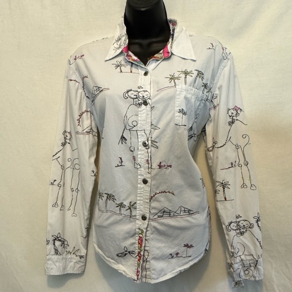 C-142 Chico’s White & Black Embroidered‎ Long Sleeve Button Down Blouse Size M - Picture 1 of 16
